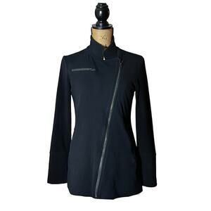 EILEEN FISHER BLACK ORGANIC COTTON STRETCH MOTO JACKET SIZE XS DIAGONAL ZIP